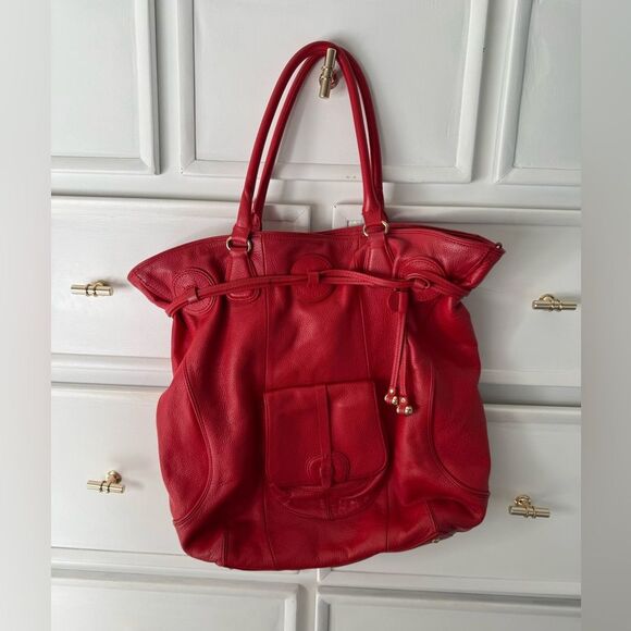 Isaac Mizrahi Large RED 100% genuine Leather Bag Tote Purse gold hardware - Picture 16 of 16